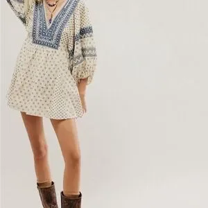 Free People Sweet Southwest Mini Dress - Tea Combo / Cream & Blue (S)